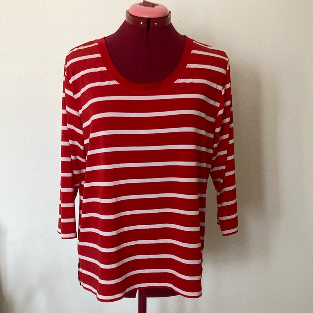 Noni B Red & White Striped Women's Top Size Large 3/4 sleeves polyester/elastane